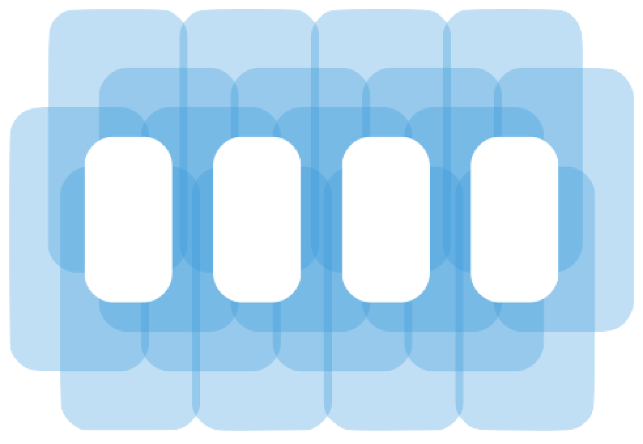 Stackies logo, a background of varying degrees of overlapping tranparent blue rectables with four white rectactles horizontally lined up on top mimicing the four stacks of cards from the game.